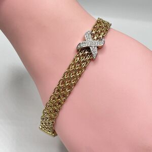 Vintage Gold Tone Chain White Rhinestone Bracelet Metal Statement 7.5" Bling